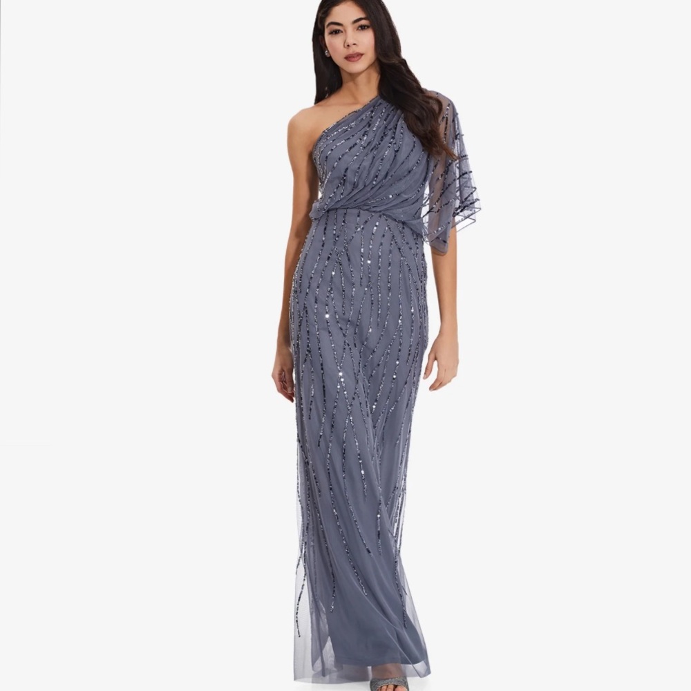 Adrianna Papell One-Shoulder Beaded Evening Gown in Slate